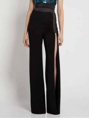 New Zhivago Maddalena Black High-Waist Wide Leg Pants with Side Slit